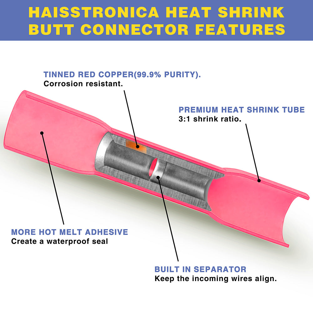 haisstronica 500pcs Heat Shrink Butt Connectors-Marine Grade Tinned Red Copper 0.8mm-Red  AWG 22-16