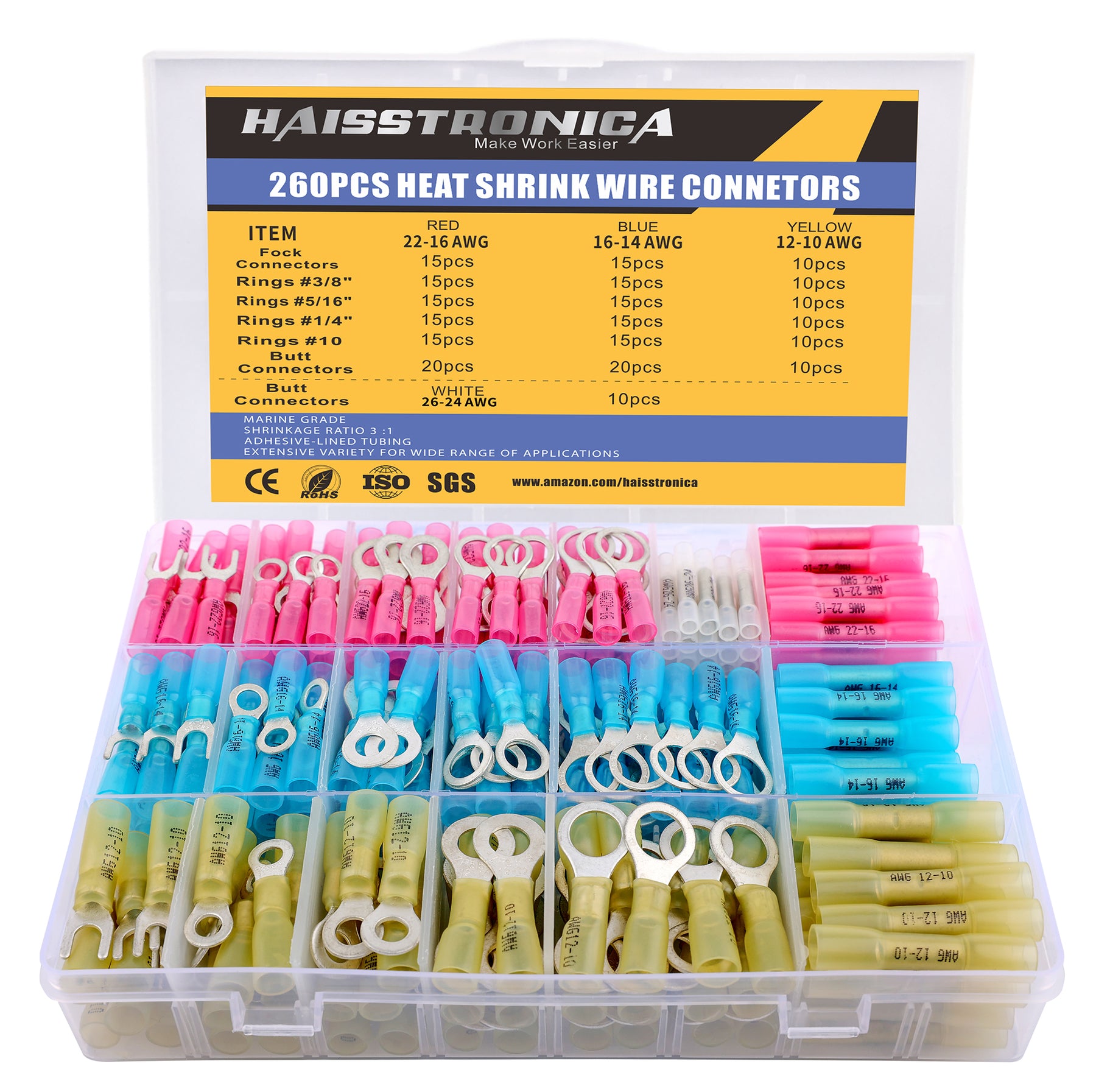 260PCS  Marine Grade Heat Shrink Wire Connectors Kit | Waterproof Wire Connectors | Tinned Red Copper (4Colors/6Size)