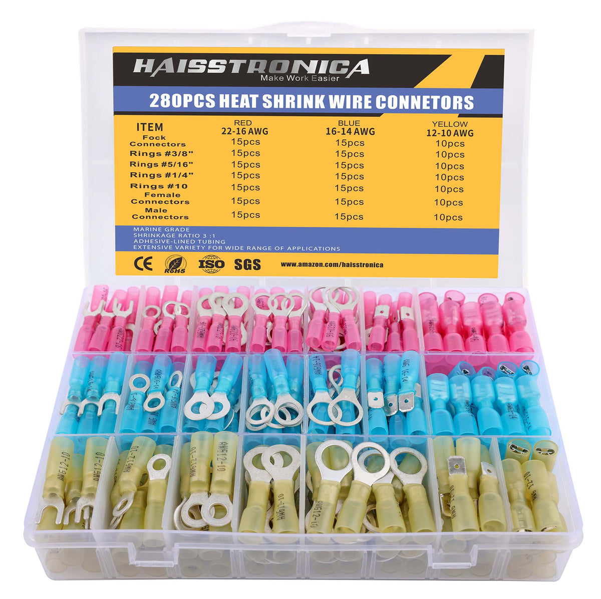 280PCS  Marine Grade Heat Shrink Wire Connectors Kit | Waterproof Wire Connectors | Tinned Red Copper (3Colors/7Size)