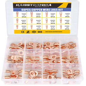 60PCS Copper Wire Lugs Kit(AWG 8 6 4),Heavy Duty Bare Copper Crimp Connectors,Eyelets Tubular Ring Terminals(4Sizes/12Types)