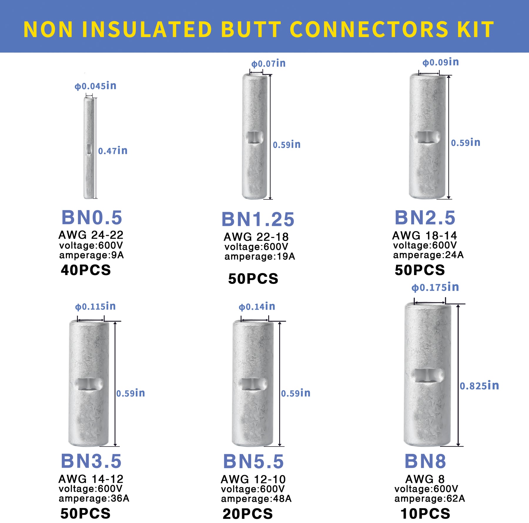 220PCS Non-Insulated Butt Connectors Kit