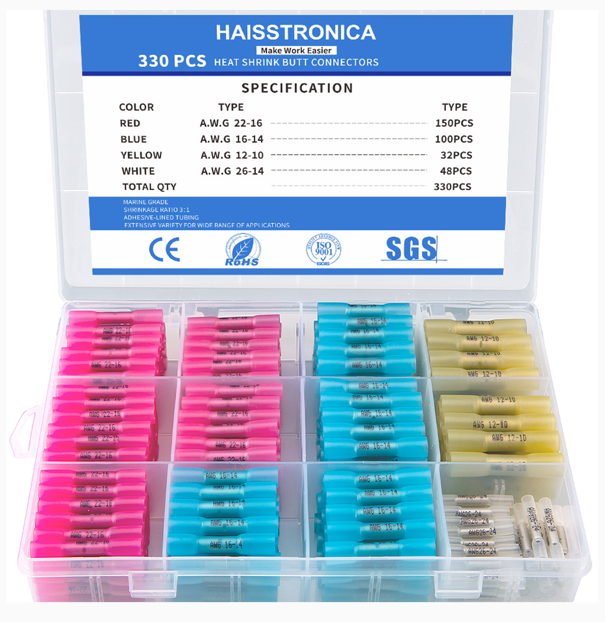 330PCS Marine Grade Heat Shrink Butt Connectors | Waterproof Wire Connectors | Tinned Red Copper