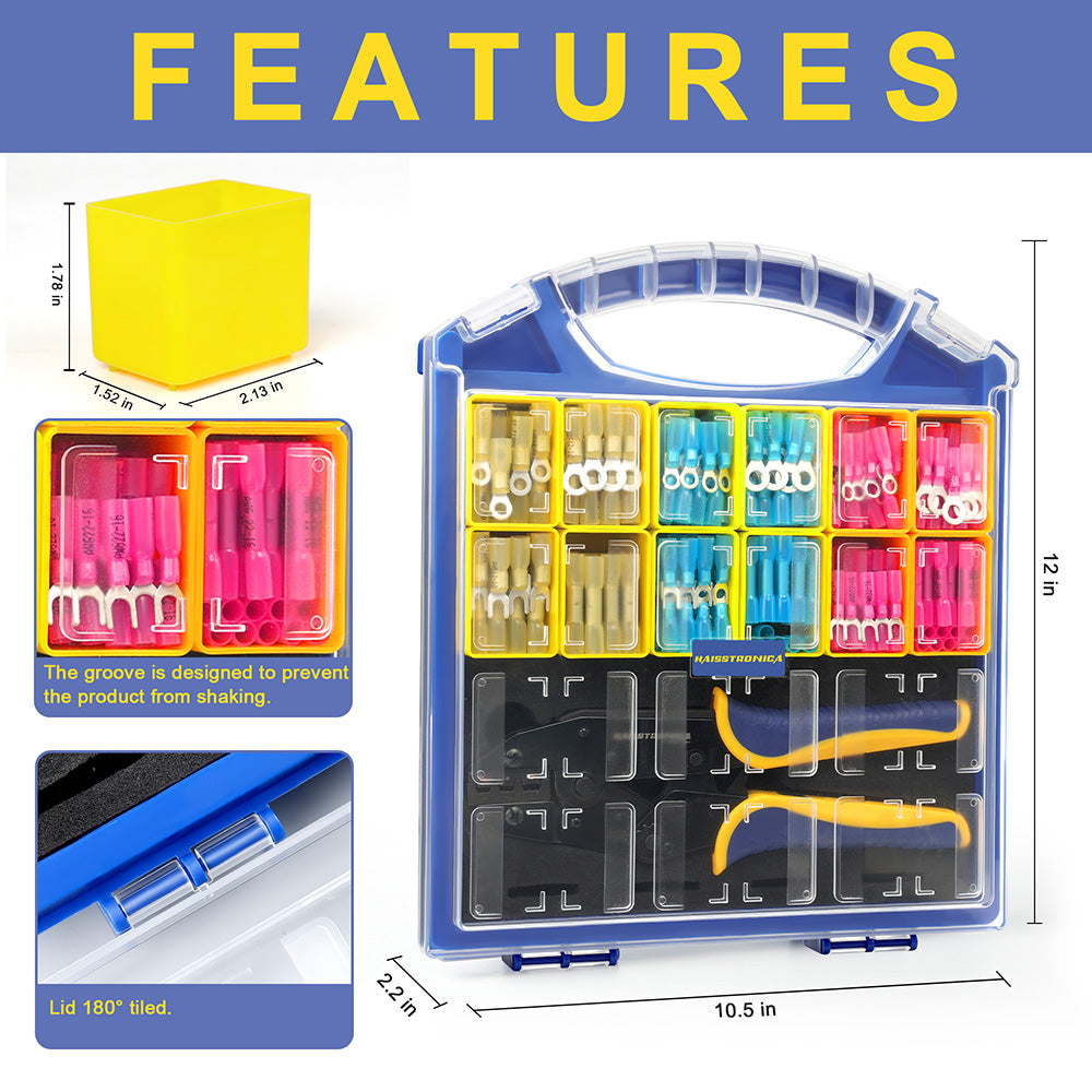 380PCS Marine Grade Heat Shrink Wire Connectors Set with Crimping Tool and Removable Storage Bins
